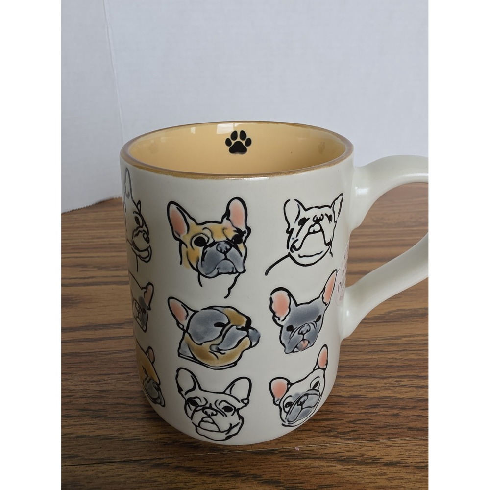 Frenchy Bulldog Pug Coffee Mug Tea Cup Ceramic White Yellow Pawprint 16 oz. NEW